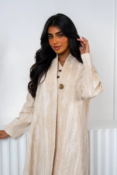 Linen Jacquard Abaya Beige IB236