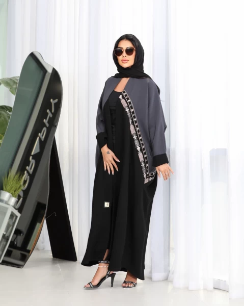 Crepe abaya in black and grey color IB121 Gray